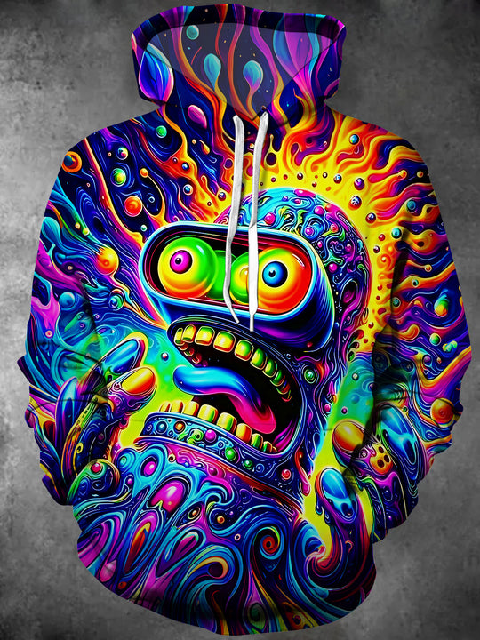 Adaychic Men's Graphic Psychedelic Robot Face Print Long Sleeve Hoodie with Chest Pocket