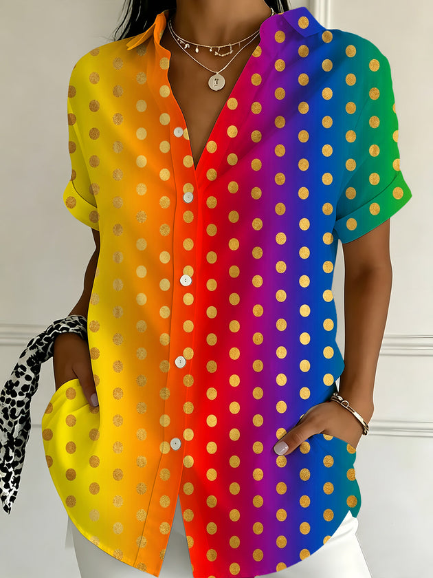Colorful Gradient Gold Polka Dot Women's Short Sleeve Shirts
