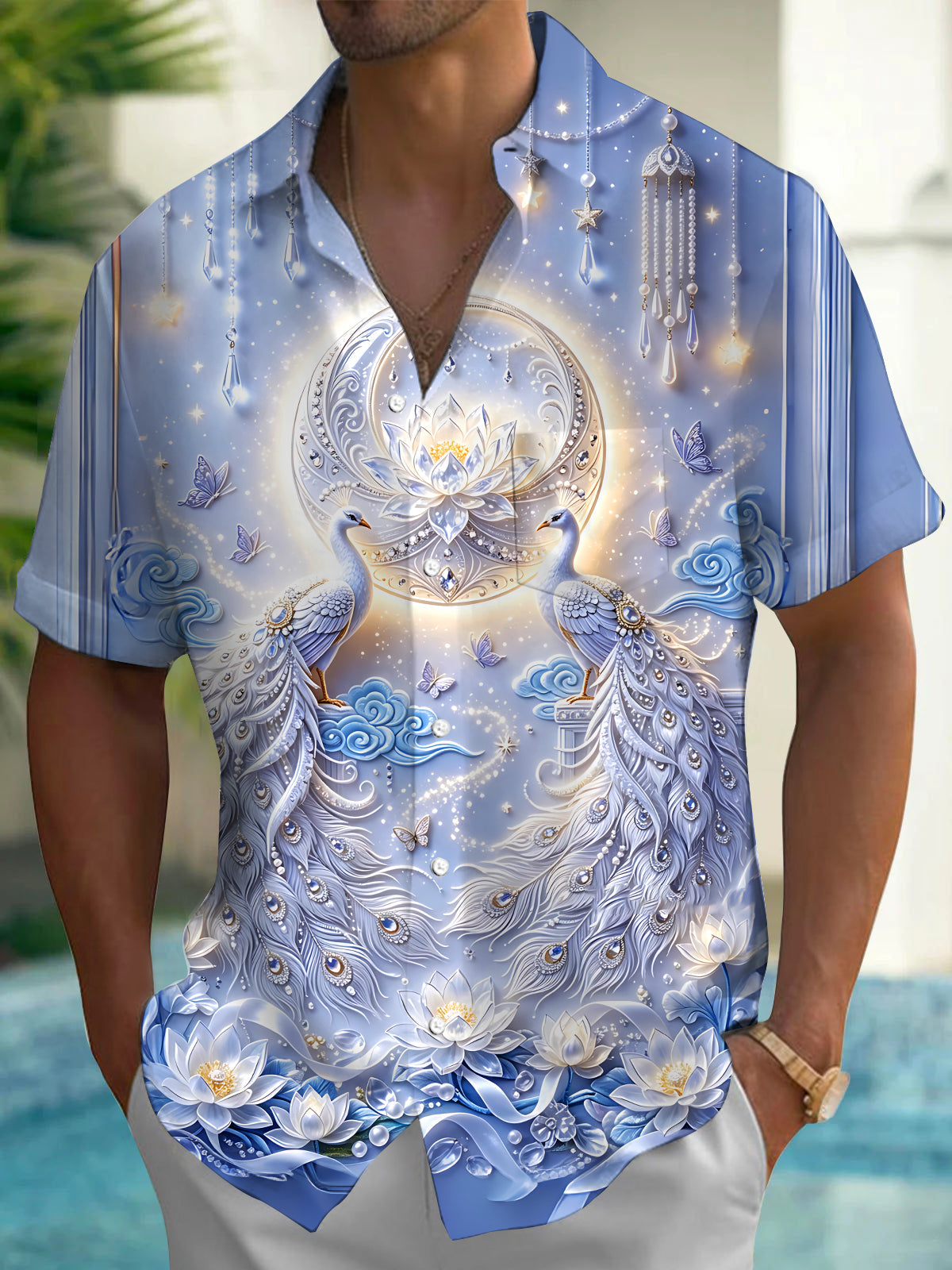 Art Relief Peacock Lotus Floral Men's Pocket Short Sleeve Shirts