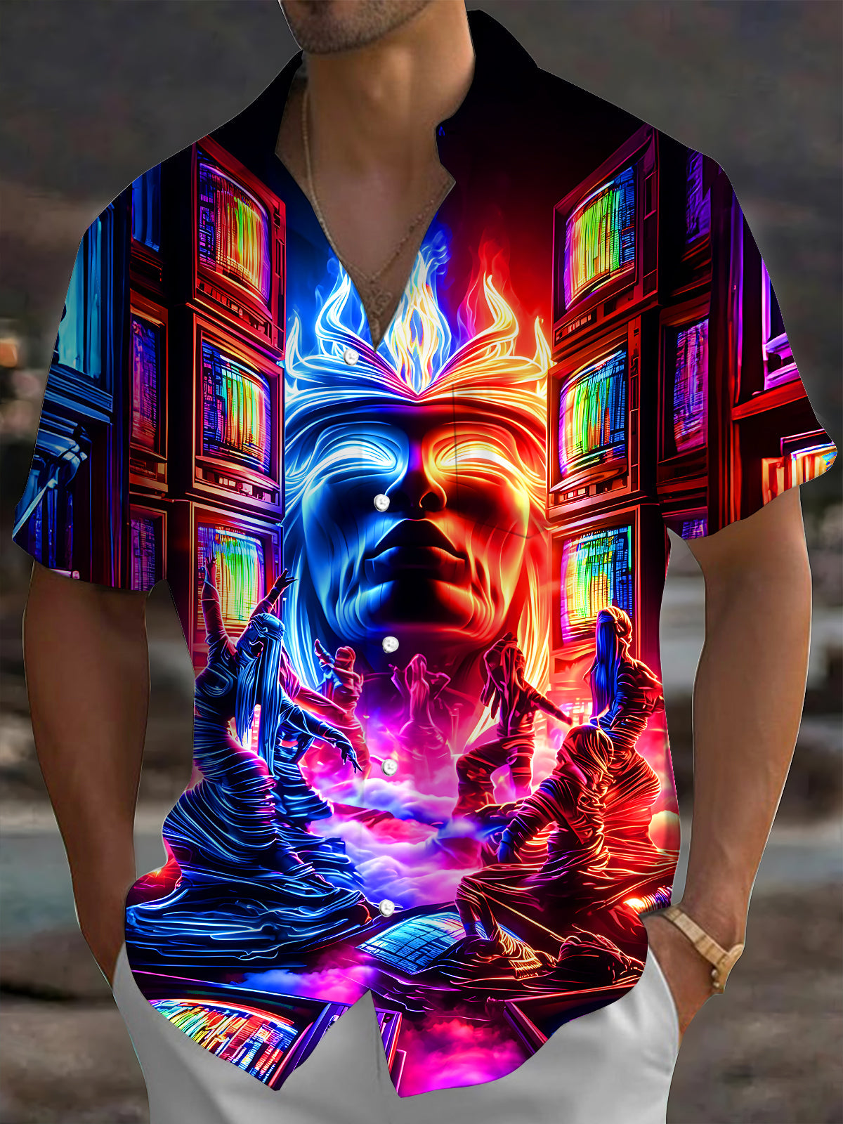 Dark Cyber Neon Colorful Human Visionary Scene Men's Pocket Short Sleeve Shirts