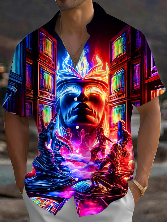 Dark Cyber Neon Colorful Human Visionary Scene Men's Pocket Short Sleeve Shirts