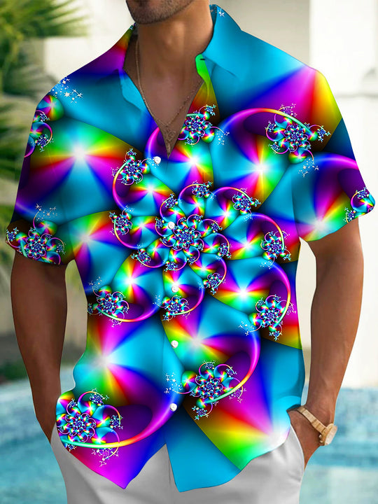 Psychedelic Colorful Abstract Spiral Fractal Pattern Men's Pocket Short Sleeve Shirts