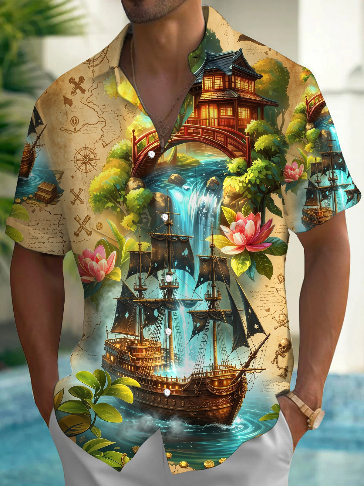 Adaychic Men's Hawaiian Pirate Ship Print Short Sleeve Shirt with Chest Pocket