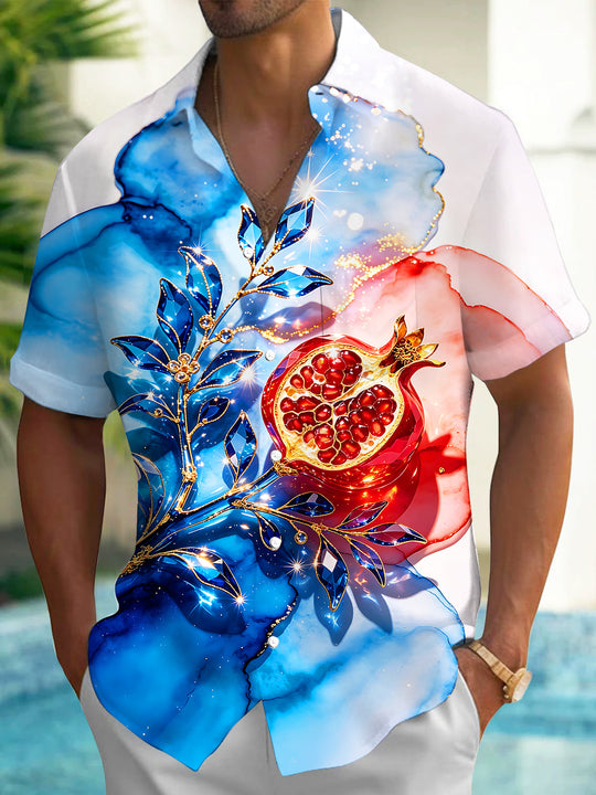 Art Floral Leaf Agate Pomegranate Jewelry Men's Pocket Short Sleeve Shirts