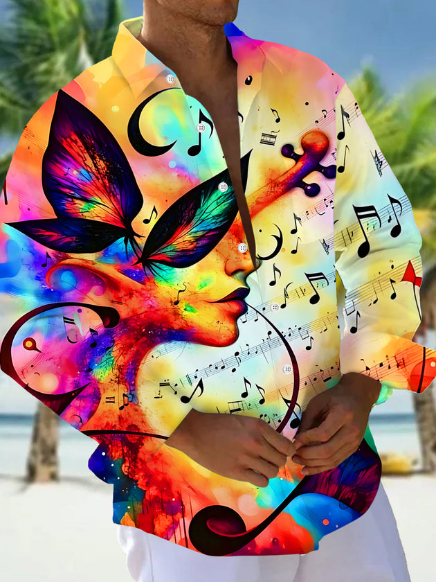 Art Colorful Music Note Butterfly Portrait Men's Pocket Long Sleeve Shirts