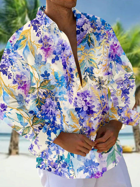 Art Purple Gold Wisteria Floral Men's Pocket Long Sleeve Shirts