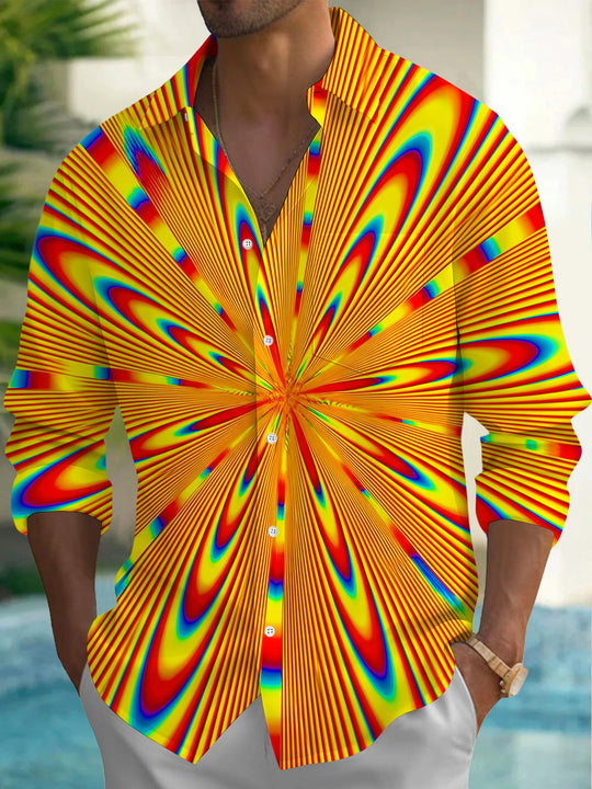 Psychedelic Abstract Radiating Optical Illusion Stripe Men's Pocket Long Sleeve Shirts