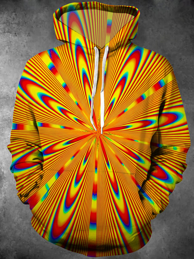 Psychedelic Abstract Radiating Optical Illusion Stripe Men's Long Sleeve Pocket Hooded Sweatshirt