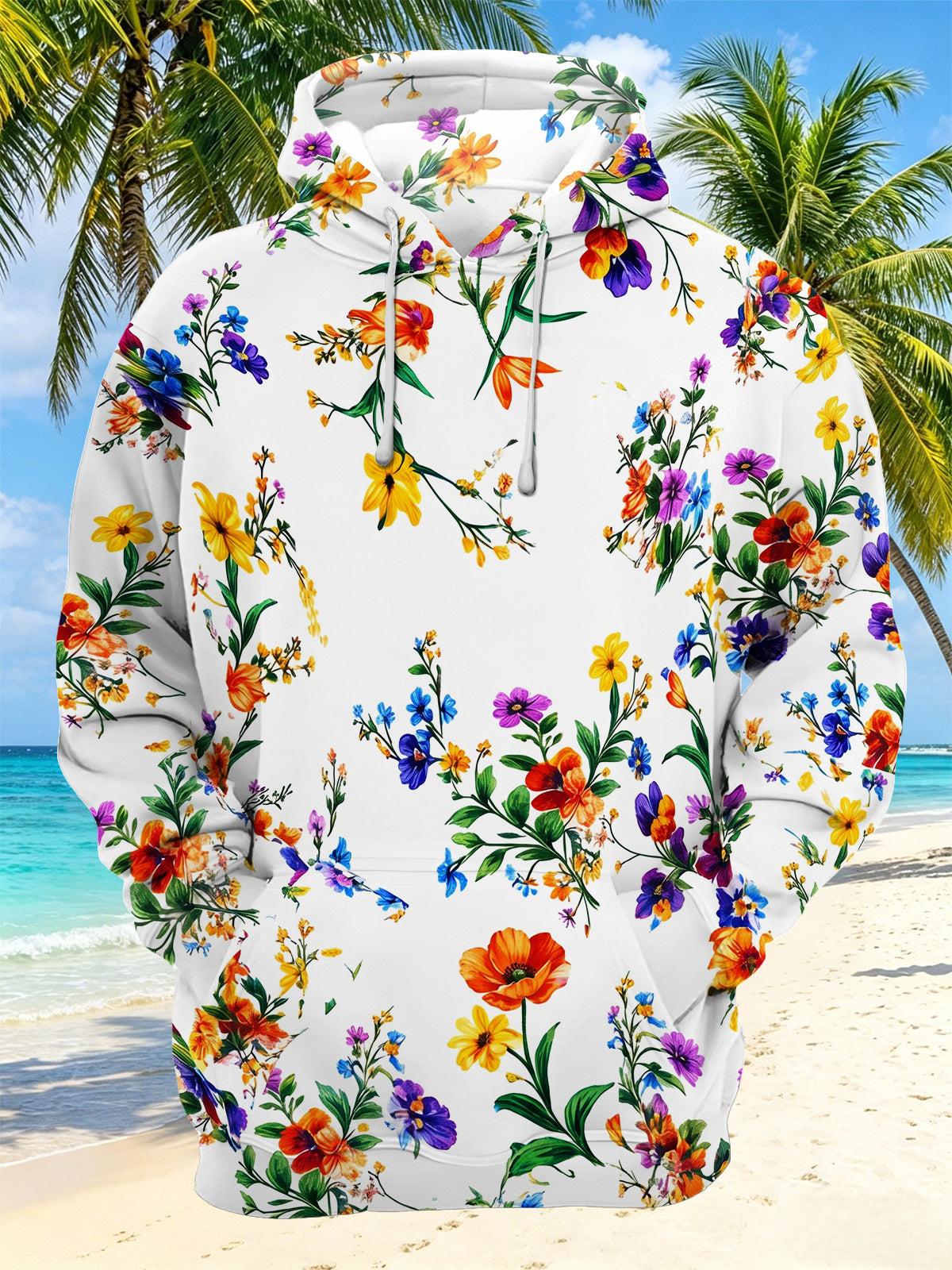 Adaychic Men's Hawaiian Colorful Wildflowers Print Long Sleeve Hoodie with Chest Pocket