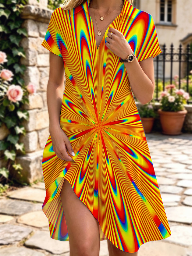 Psychedelic Abstract Radiating Optical Illusion Pattern Women's Short Sleeve Shirt Collar Dress