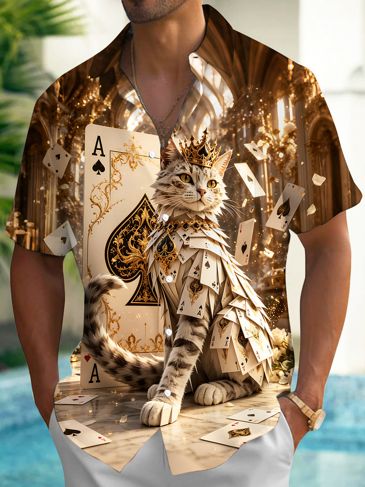 Crown Spade A Poker Cat Men's Pocket Short Sleeve Shirts