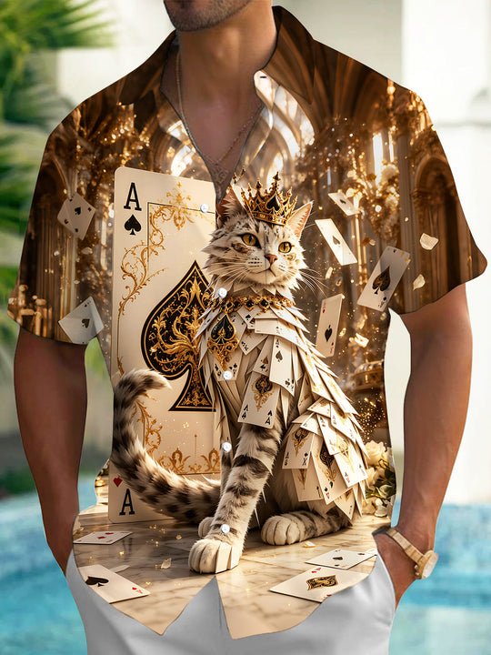 Crown Spade A Poker Cat Men's Pocket Short Sleeve Shirts