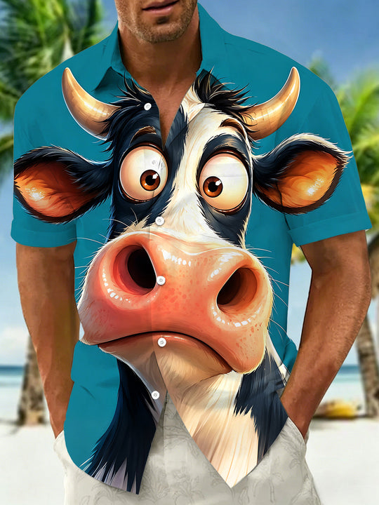 Cartoon Silly Cow Men's Pocket Short Sleeve Shirts
