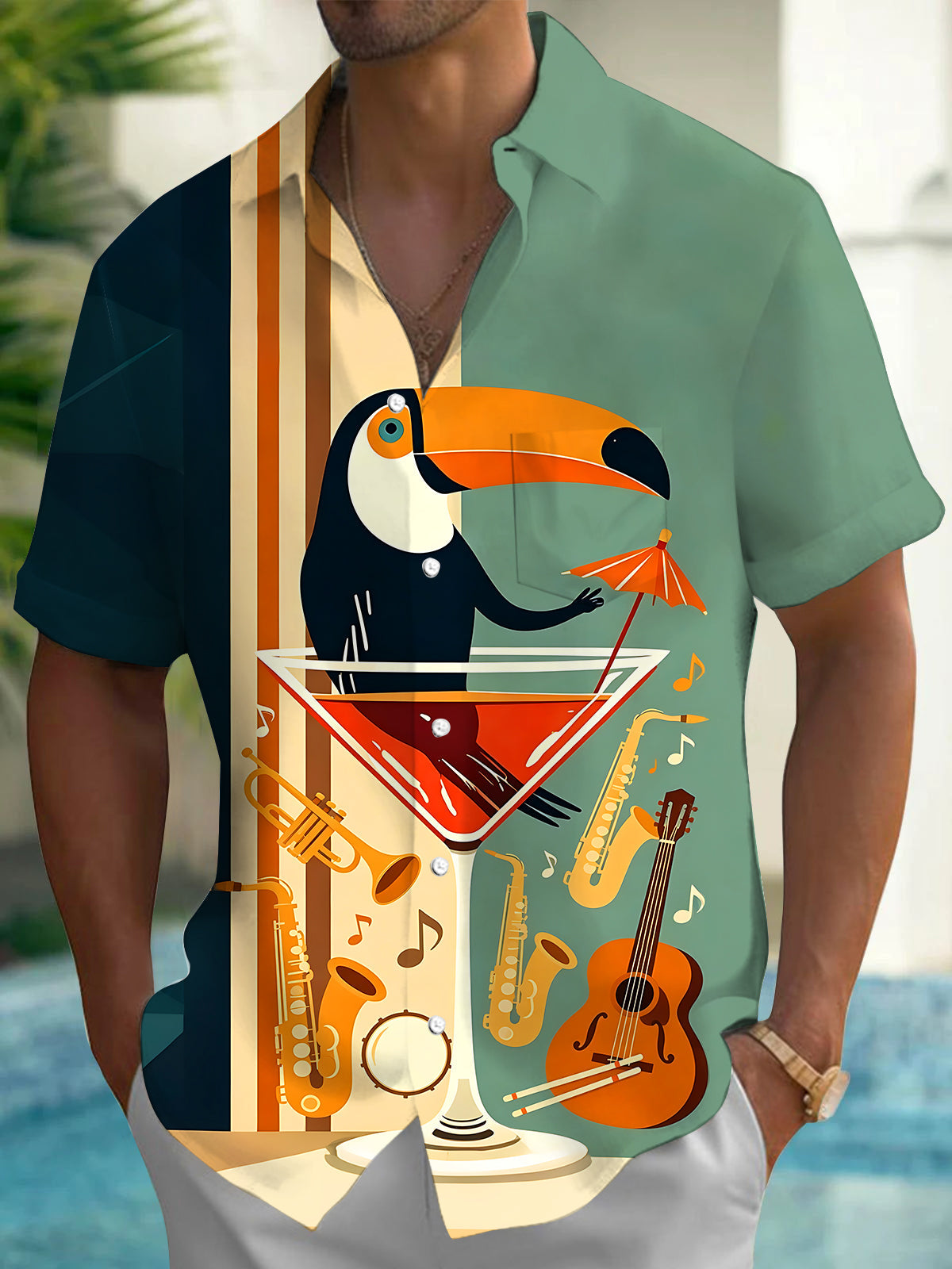 Adaychic Men's Toucan In Martini Glass Print Short Sleeve Shirt with Chest Pocket