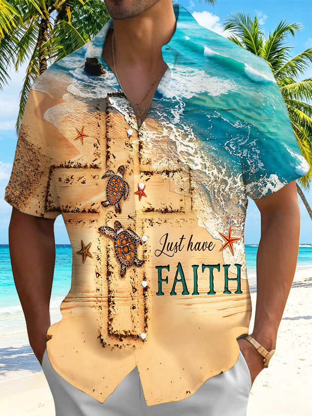 Beach Turtle Faith Cross Men's Pocket Short Sleeve Shirts