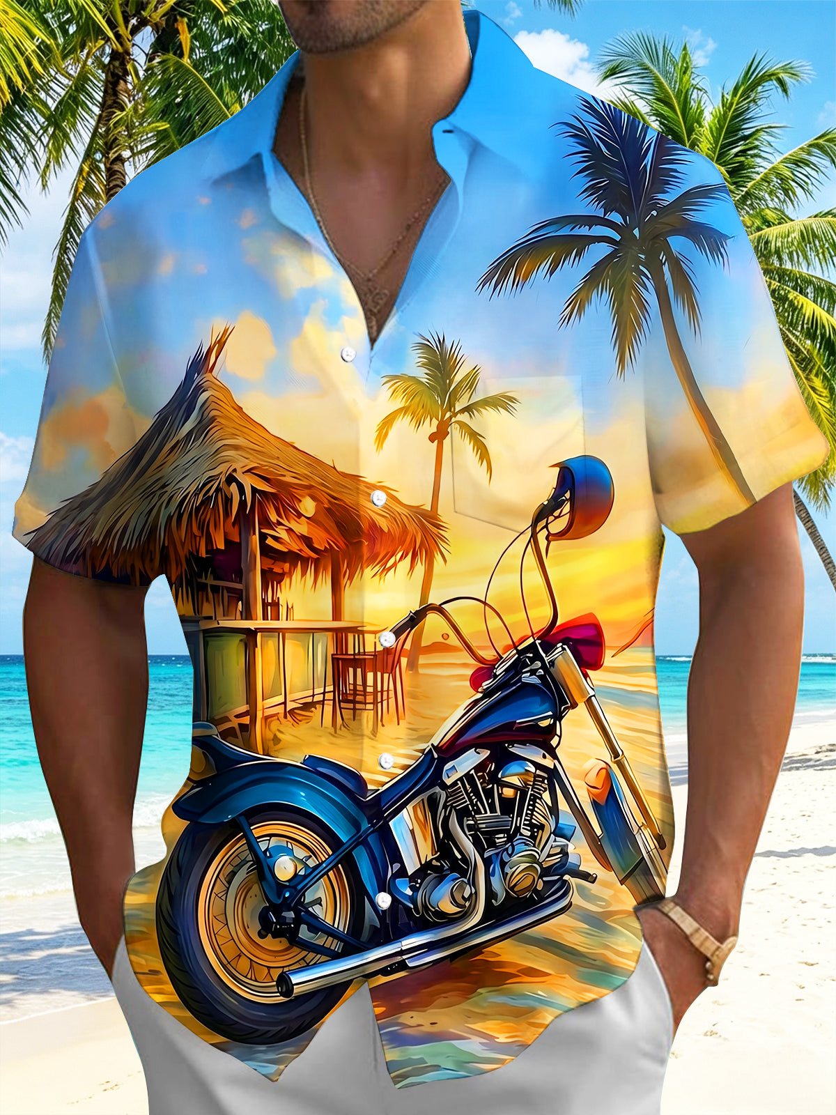 Beach Motorcycle Coconut Hut Men's Pocket Short Sleeve Shirts