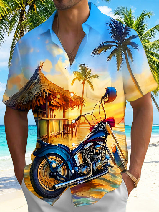 Beach Motorcycle Coconut Hut Men's Pocket Short Sleeve Shirts