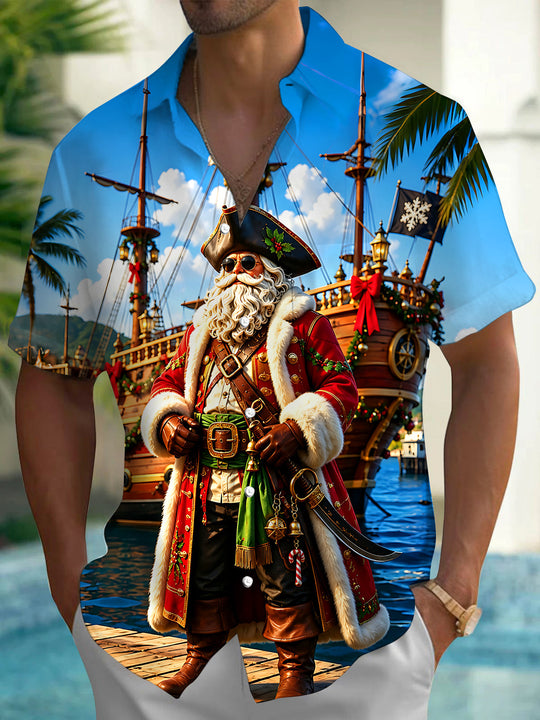 Christmas Pirate Captain Sailing Ship Men's Pocket Short Sleeve Shirts
