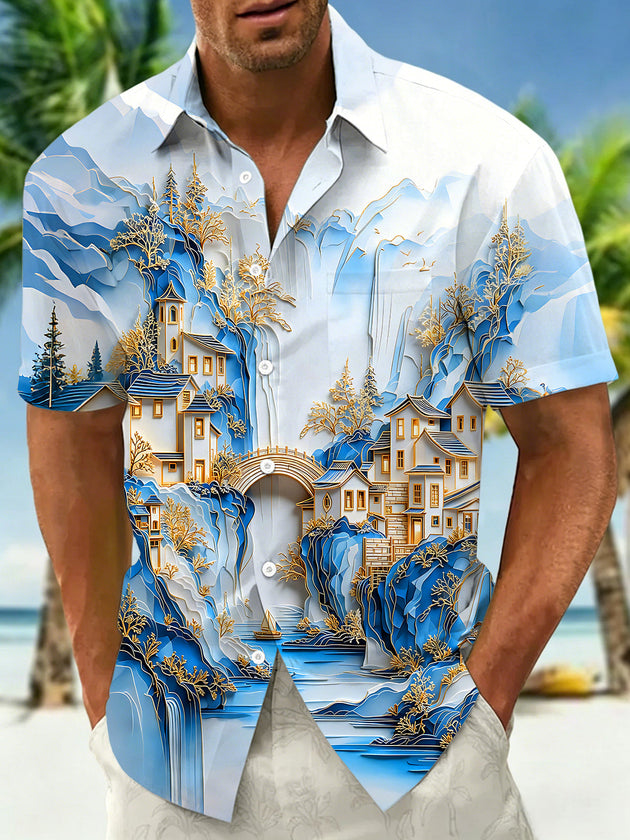 Art Landscape Paper Cut Pavilions Men's Pocket Short Sleeve Shirts