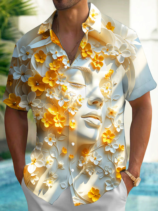 3D Yellow Flower Portrait Relief Men's Pocket Short Sleeve Shirts