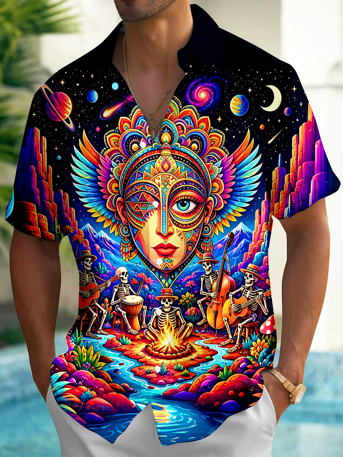 Star Sky Maya Skeleton Band Men's Pocket Short Sleeve Shirts