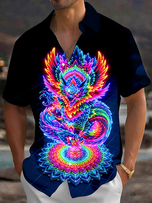 Neon Divine Bird Mandala Pattern Men's Pocket Short Sleeve Shirts