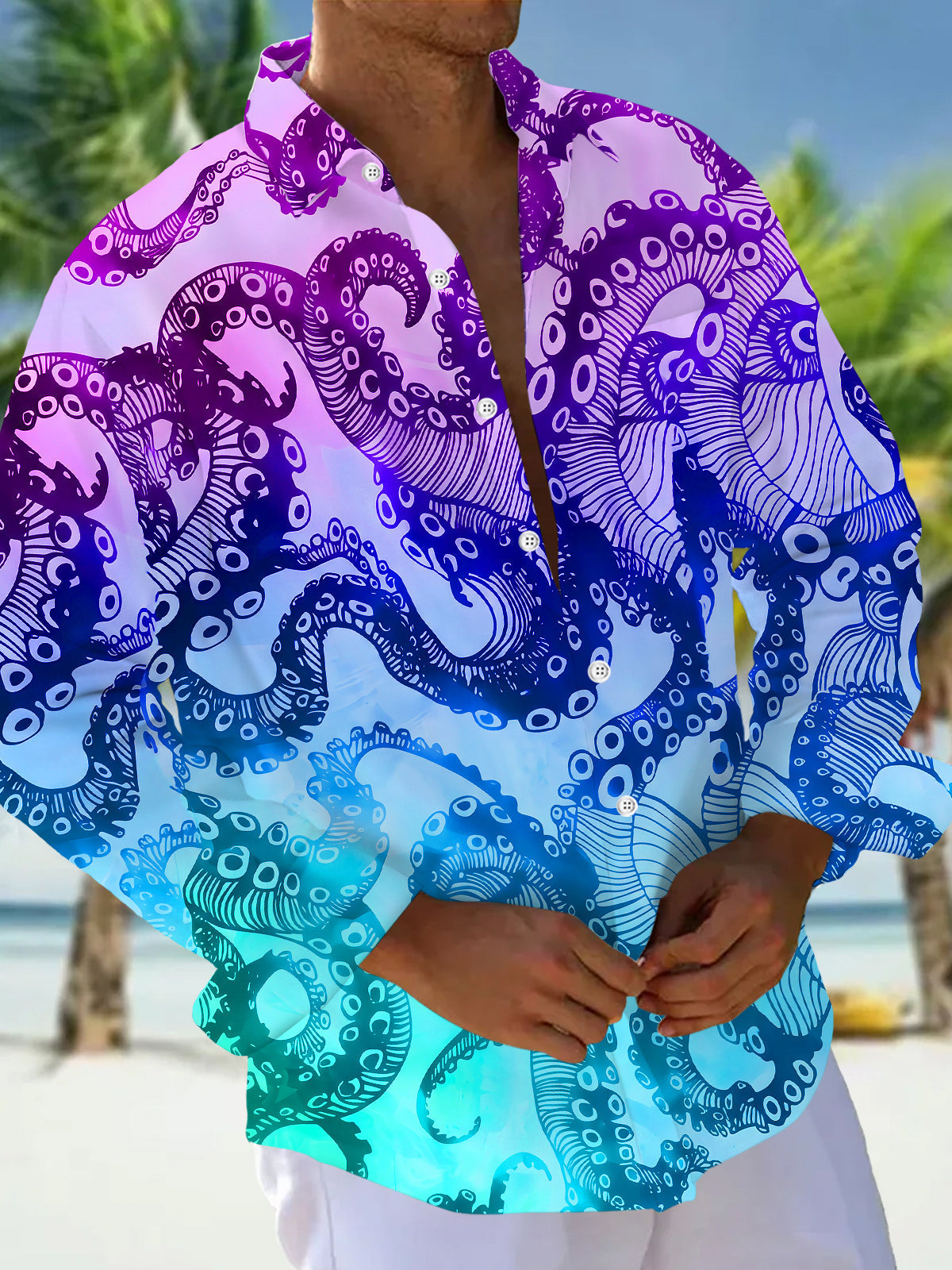 Gradient Octopus Tentacle Print Men's Pocket Long Sleeve Shirts