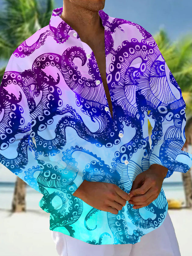 Gradient Octopus Tentacle Print Men's Pocket Long Sleeve Shirts