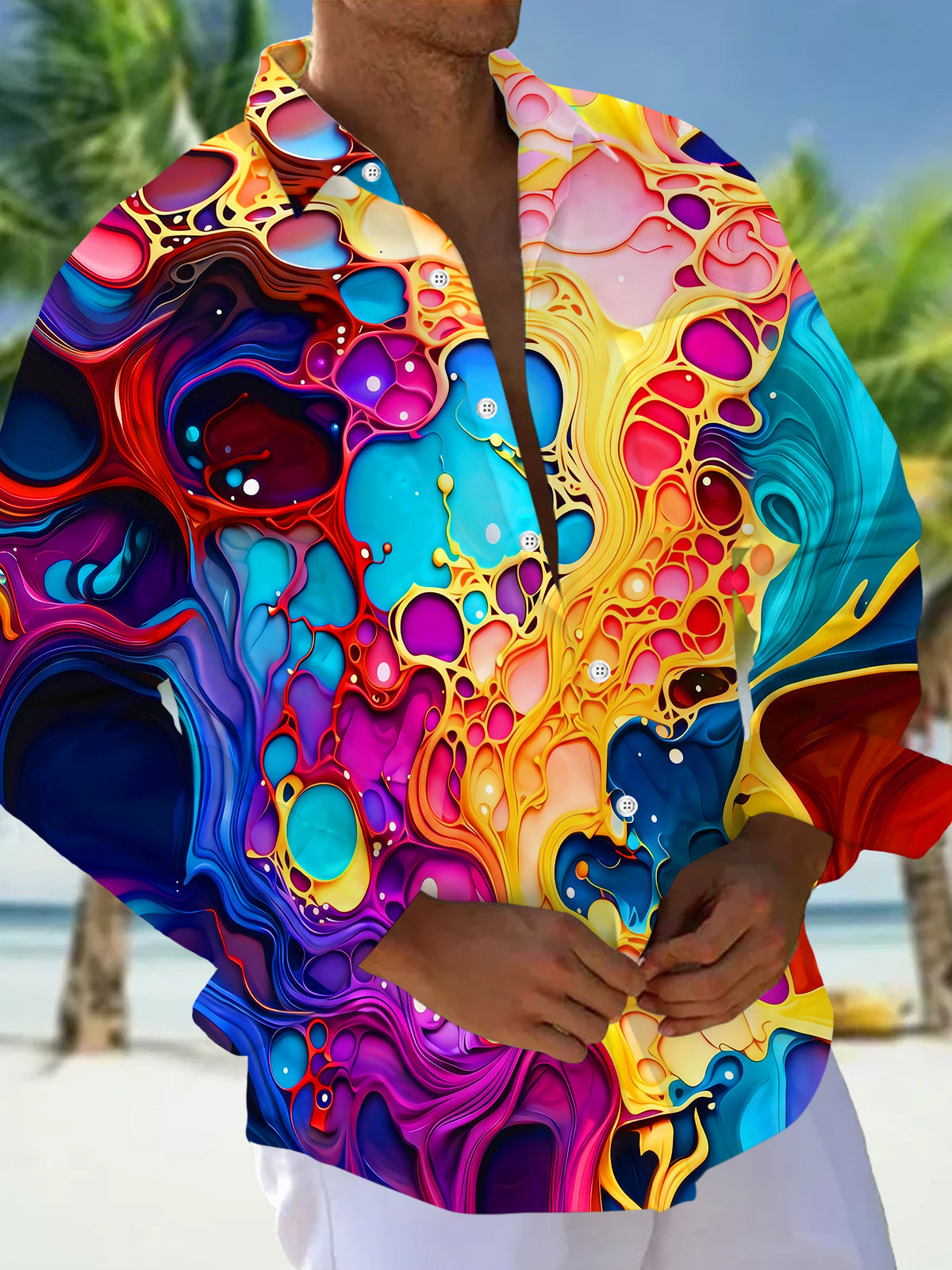 Fluid Art Colorful Texture Men's Pocket Long Sleeve Shirts