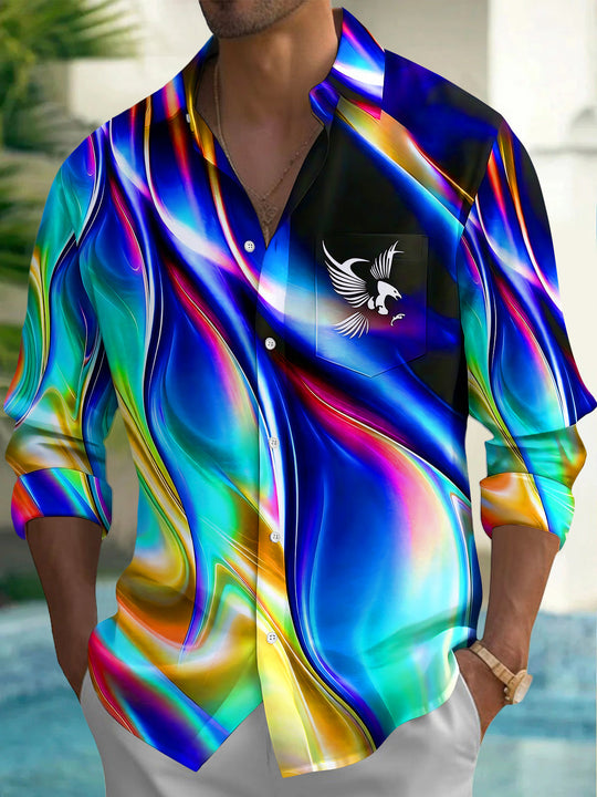 Iridescent Streamer Eagle Print Men's Pocket Long Sleeve Shirts