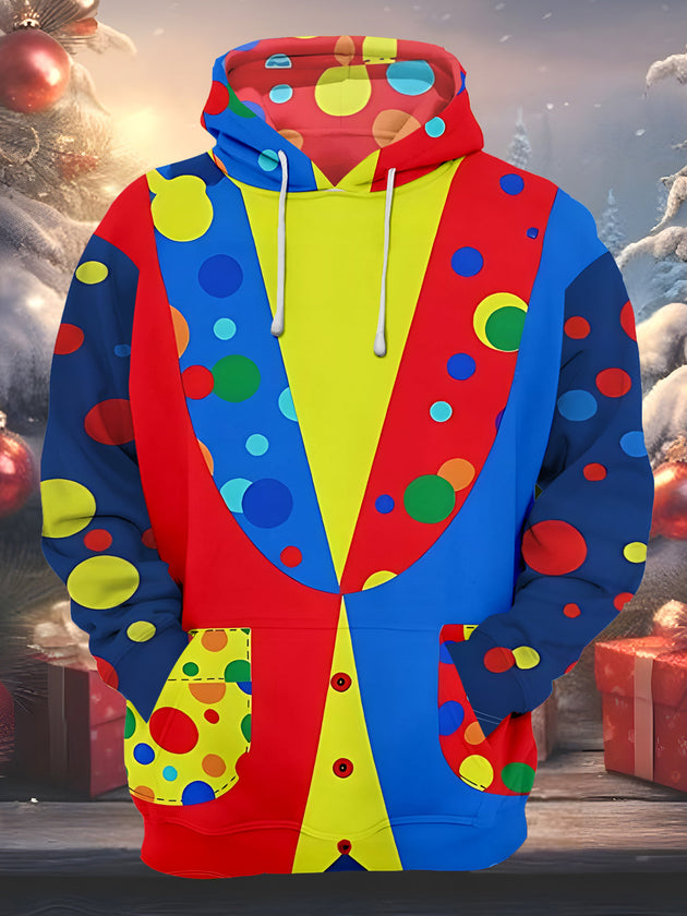Fun Clown Polka Dot Color Block Print Men's Long Sleeve Pocket Hooded Sweatshirt