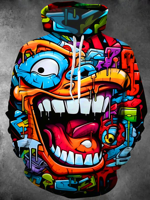 Fun Street Graffiti Big Mouth Monster Men's Long Sleeve Pocket Hooded Sweatshirt