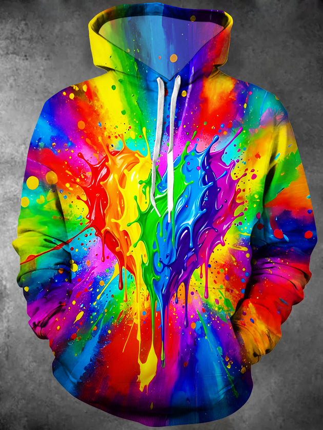Colorful Tie Dye Splash Fluid Art Men's Long Sleeve Pocket Hooded Sweatshirt