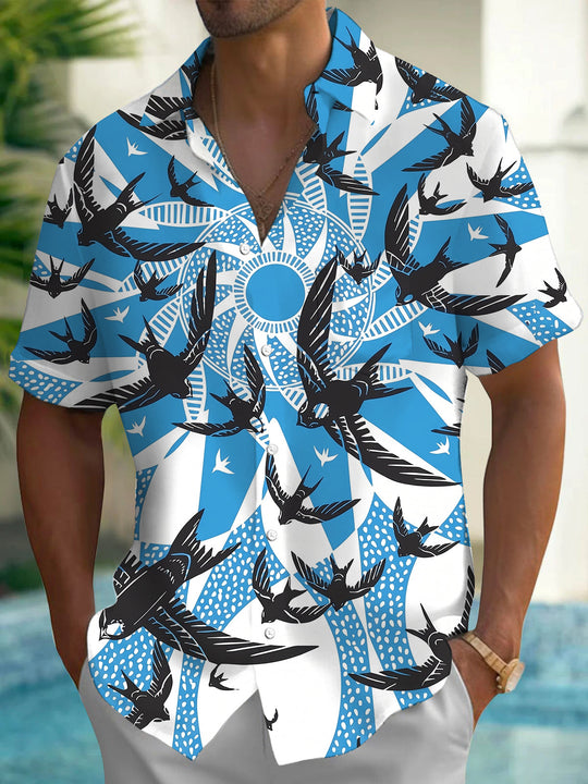 Adaychic Men's Geometric Swallow Birds Print Short Sleeve Shirt with Chest Pocket