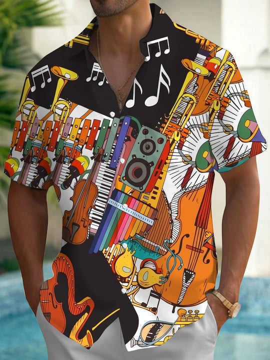 Adaychic Men's Graphic Musical Instruments Print Short Sleeve Shirt with Chest Pocket
