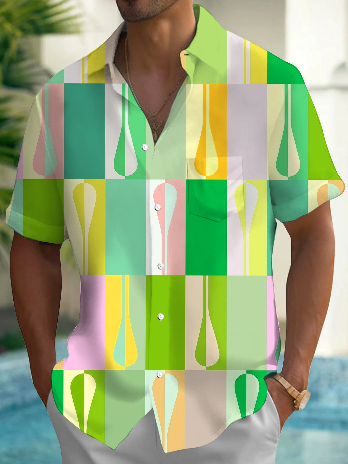 Adaychic Men's Water Drop Geometric Plaid Print Short Sleeve Shirt with Chest Pocket