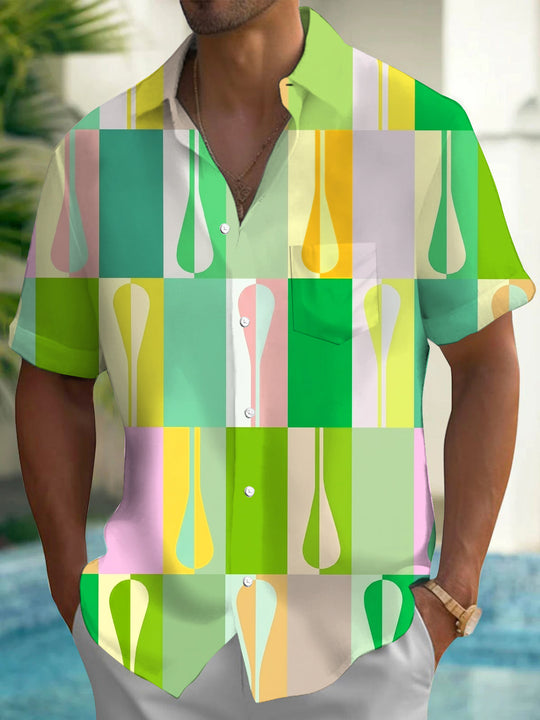 Adaychic Men's Water Drop Geometric Plaid Print Short Sleeve Shirt with Chest Pocket