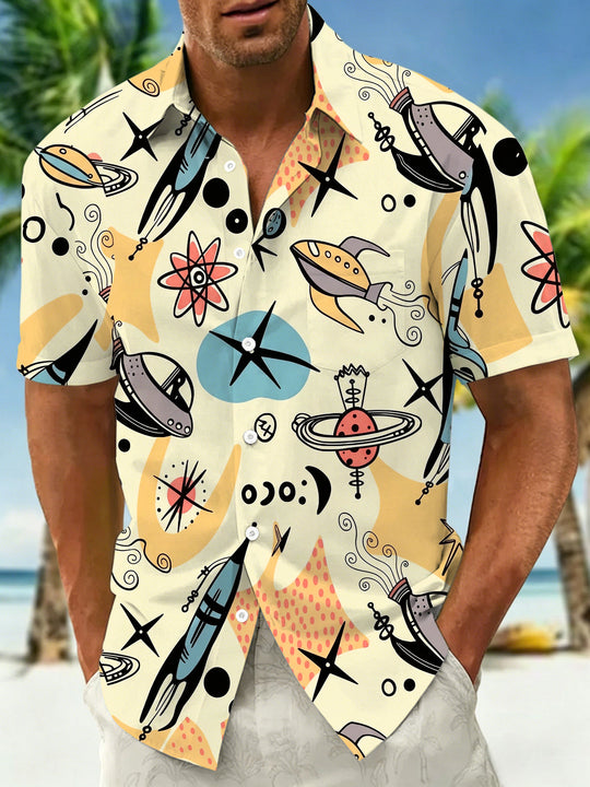 Adaychic Men's Retro Space Rockets Print Short Sleeve Shirt with Chest Pocket