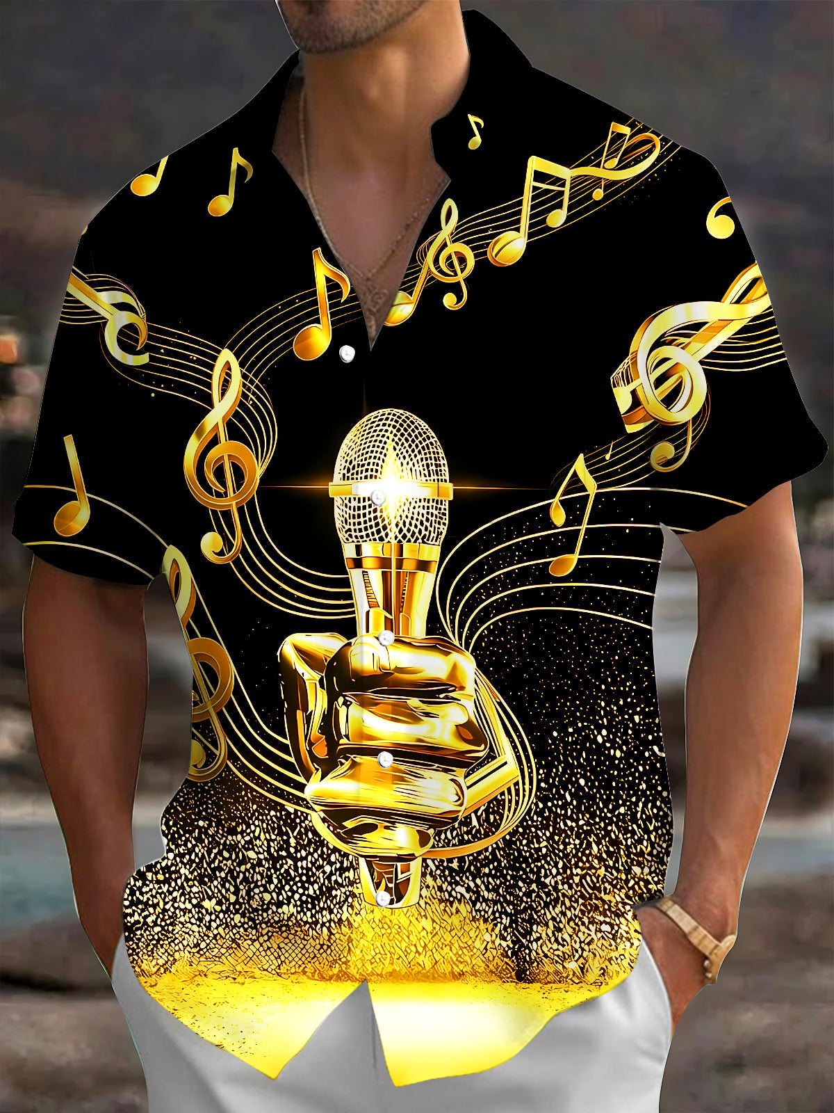 Adaychic Men's Graphic Golden Microphone Print Short Sleeve Shirt with Chest Pocket
