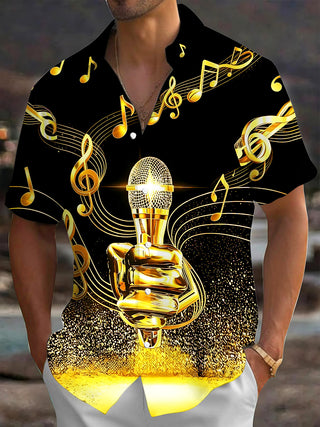 Adaychic Men's Graphic Golden Microphone Print Short Sleeve Shirt with Chest Pocket