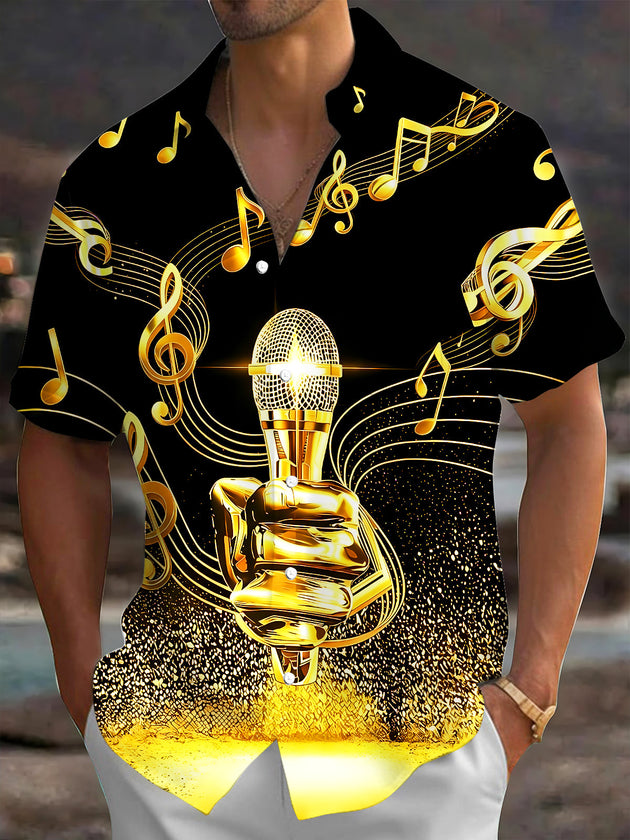 Adaychic Men's Graphic Golden Microphone Print Short Sleeve Shirt with Chest Pocket