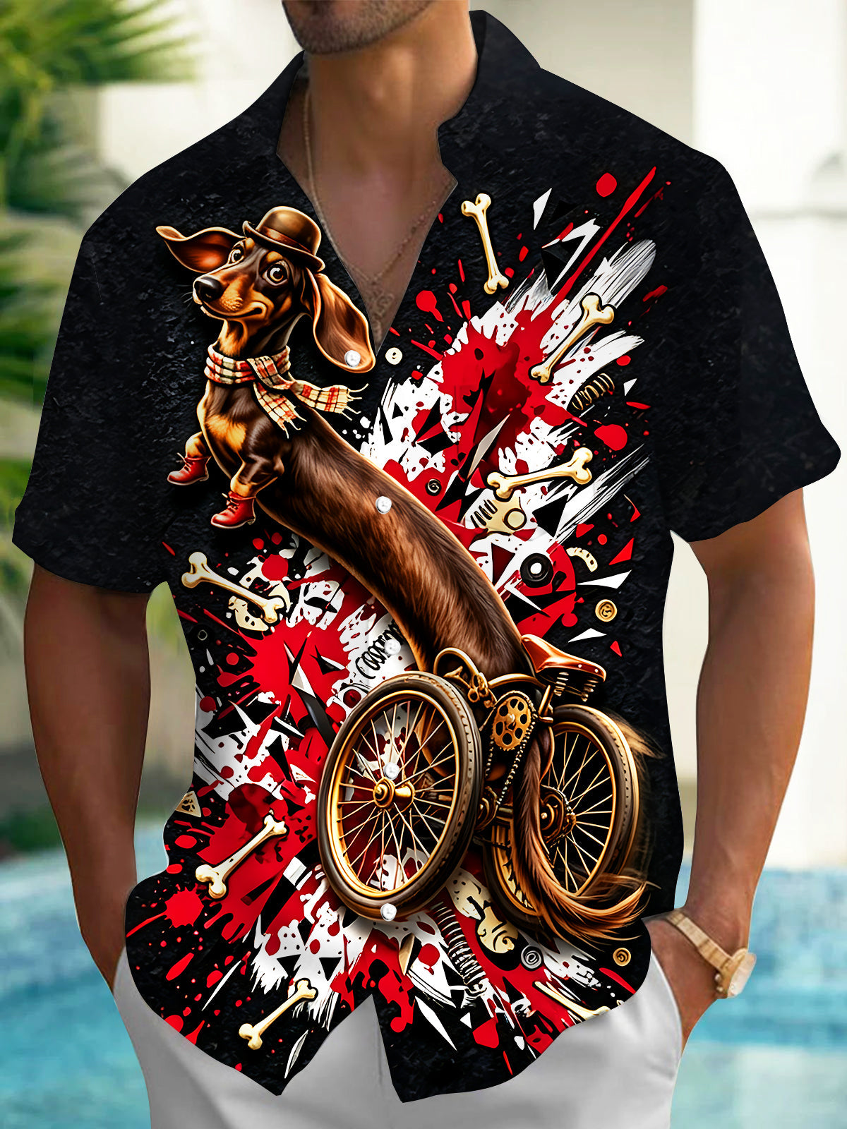 Adaychic Men's Graphic Dachshund Dog Print Short Sleeve Shirt with Chest Pocket
