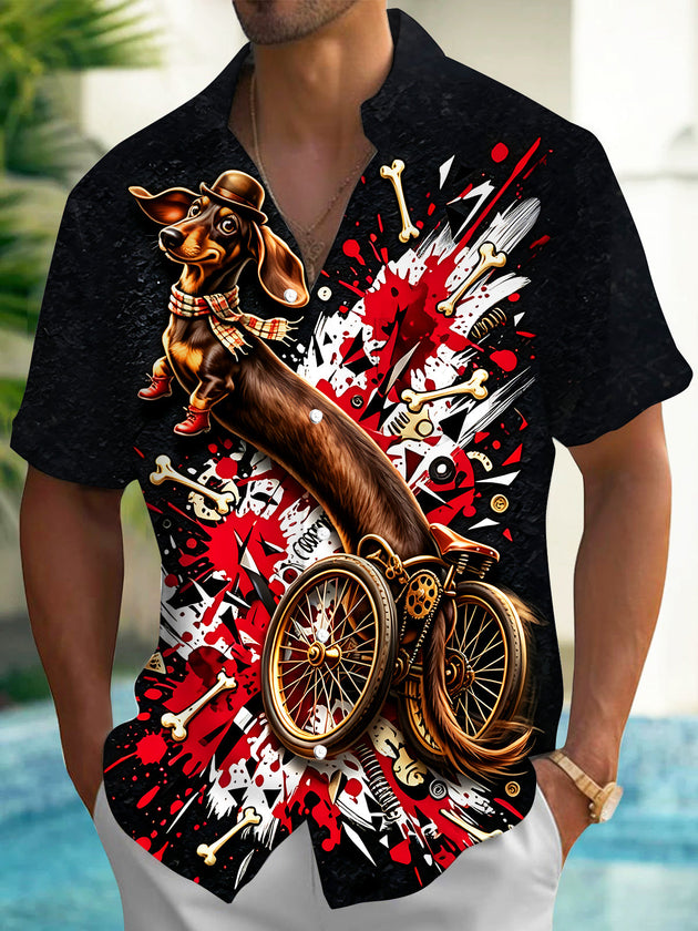 Adaychic Men's Graphic Dachshund Dog Print Short Sleeve Shirt with Chest Pocket