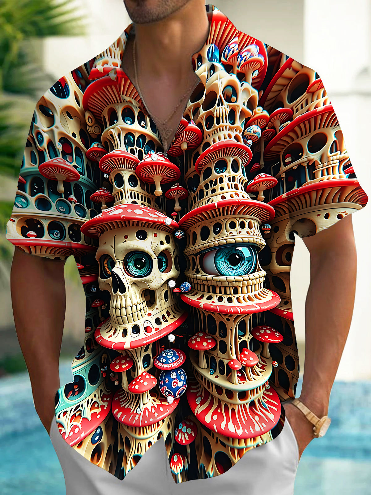 Adaychic Men's Psychedelic Mushroom Skull Print Short Sleeve Shirt with Chest Pocket
