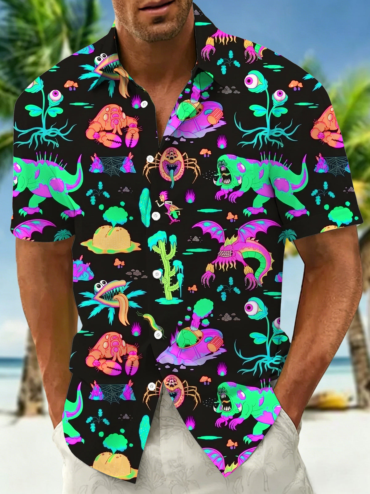 Adaychic Men's Hawaiian Neon Alien Monsters Print Short Sleeve Shirt with Chest Pocket