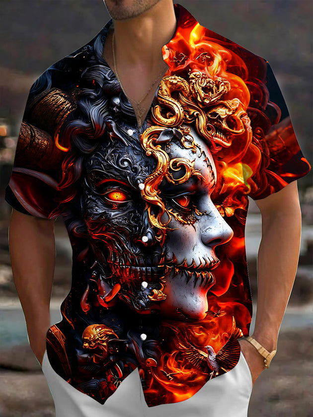 Adaychic Men's Graphic Demon Skull Face Print Short Sleeve Shirt with Chest Pocket
