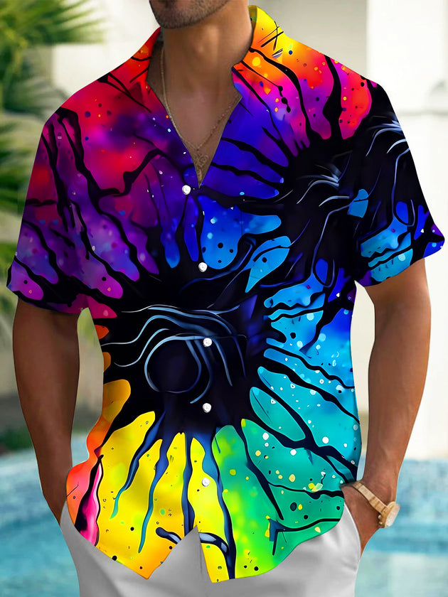 Adaychic Men's Colorful Abstract Fluid Pattern Short Sleeve Shirt with Chest Pocket