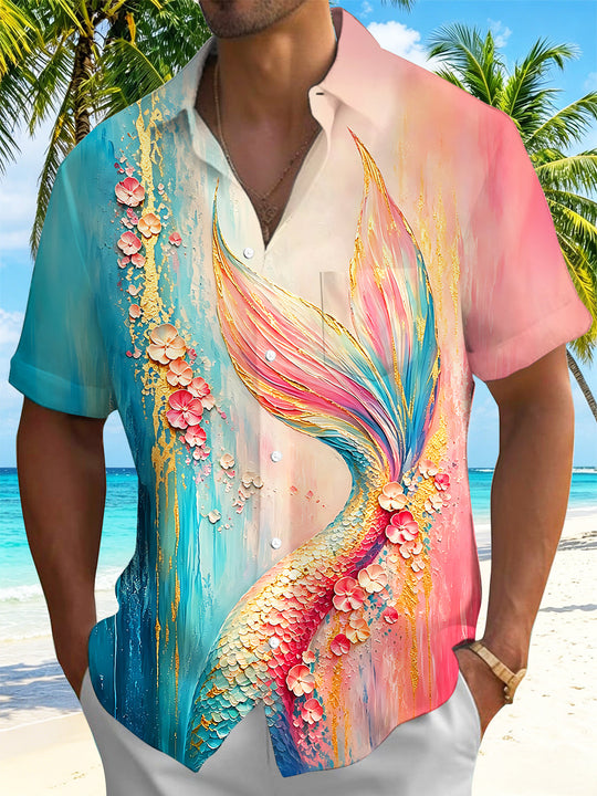 Adaychic Men's Hawaiian Mermaid Tail Print Short Sleeve Shirt with Chest Pocket