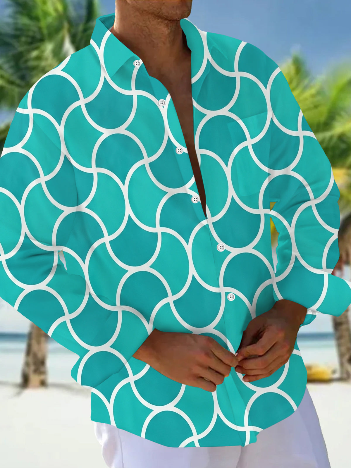 Adaychic Men's Interlocking Circles Pattern Long Sleeve Shirt with Chest Pocket