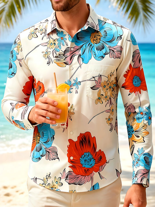 Adaychic Men's Hawaiian Large Floral Print Long Sleeve Shirt with Chest Pocket